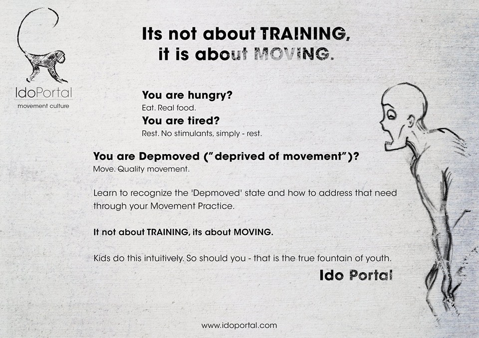 'Depmoved' - a state of movement deprivation We are a Depmoved culture. We suffer. The only way out is education. Move the message around, move yourself around. Ido.